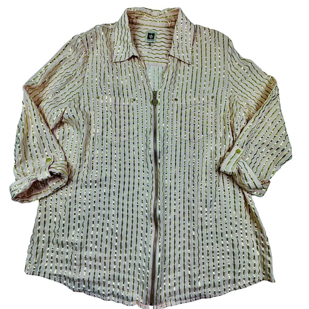 Anne Klein Viscose Gold Metallic Striped Full Front Zipper Blouse Women's SZ XL